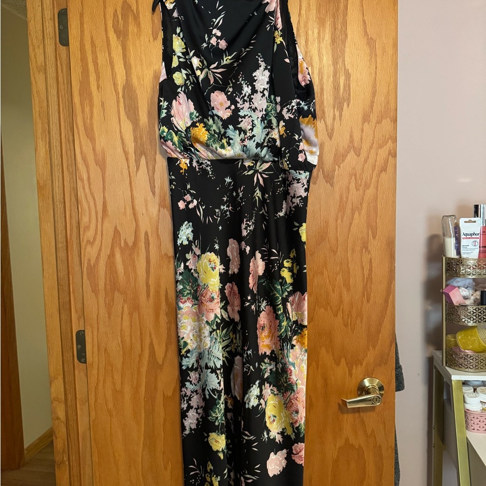 Petal & Pup Black Floral Dress with an Asymmetrical neckline. - Picture 2 of 7